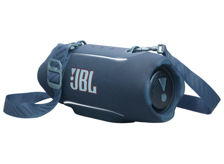 Vista frontal angular del parlante JBL Xtreme 5 azul con correa