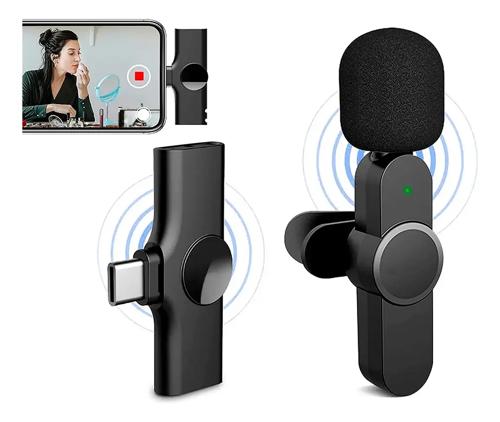 Micrófono inalámbrico K9 negro con receptor USB-C para Android sobre fondo blanco