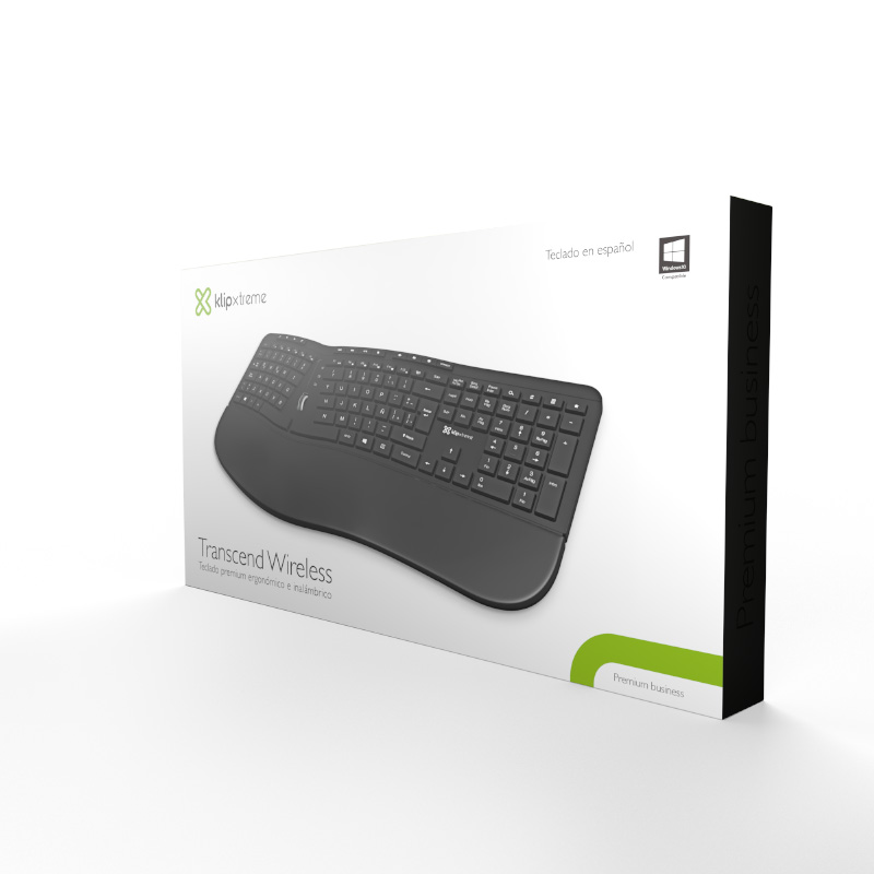 Vista del teclado ergonómico Klip Xtreme Transcend Wireless KBK-530S sobre fondo blanco