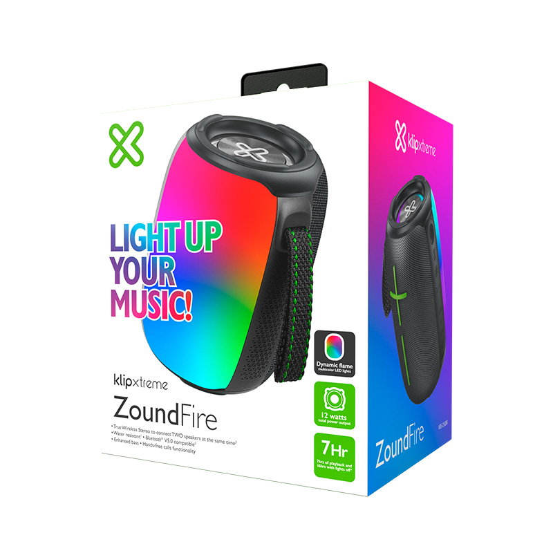 Vista del parlante portátil Klip Xtreme ZoundFire KBS-250BK negro con LED sobre fondo blanco