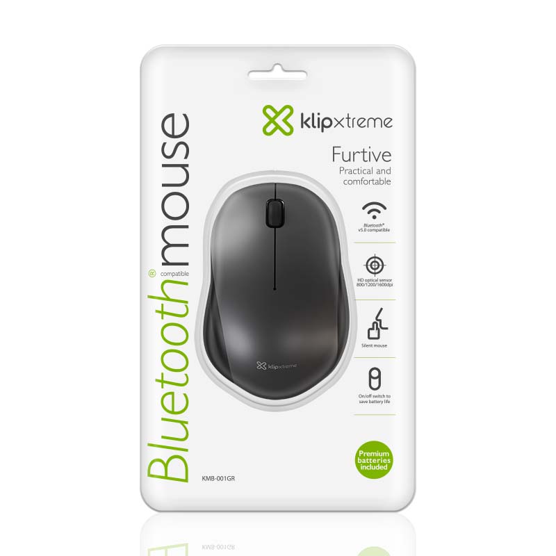 Vista del ratón Bluetooth Klip Xtreme Furtive KMB-001GR gris sobre fondo blanco