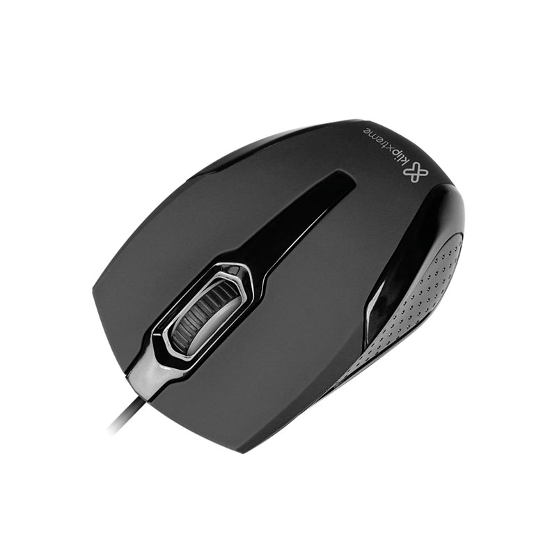 Vista angular limpia del ratón óptico Klip Xtreme Galet KMO-120BK negro sobre fondo blanco