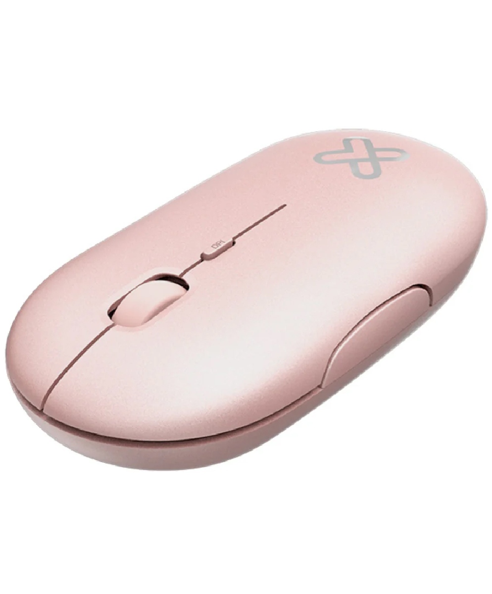 Vista angular limpia del ratón inalámbrico Klip Xtreme SlimSurfer KMW-415PK rosa sobre fondo blanco