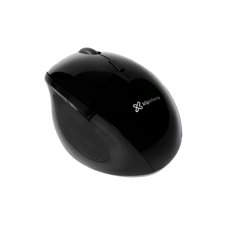 Vista del ratón inalámbrico Klip Xtreme Orbix KMW-500BK negro sobre fondo blanco