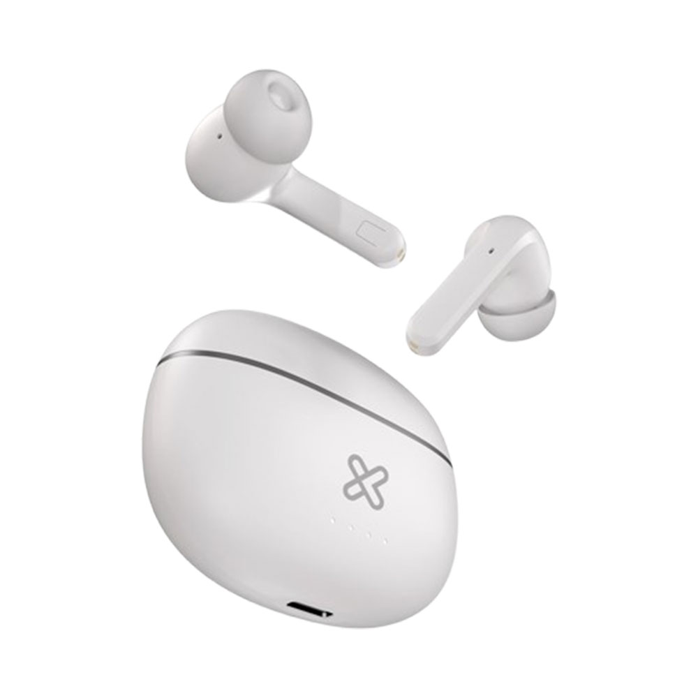 Auriculares blancos Klip Xtreme EdgebudsPro KTE-750WH con estuche sobre fondo blanco