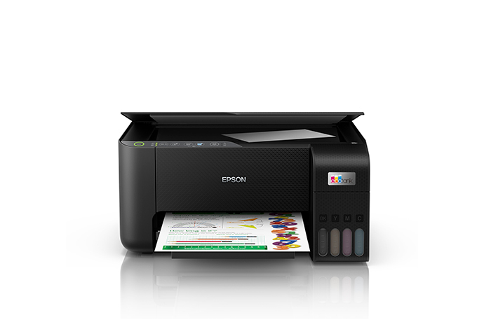 Vista frontal oficial de la multifuncional Epson EcoTank L3250 C11CJ67301 con documento de muestra