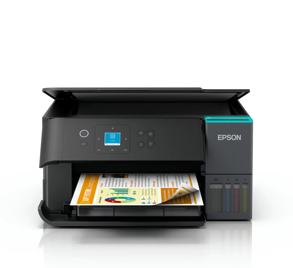 Vista frontal oficial de la impresora multifuncional Epson EcoTank L4360 C11CL41301 con documento de salida