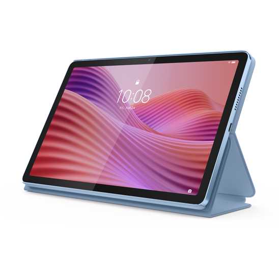 Vista frontal angular oficial de familia de Lenovo Tab de 10.1 pulgadas con funda folio