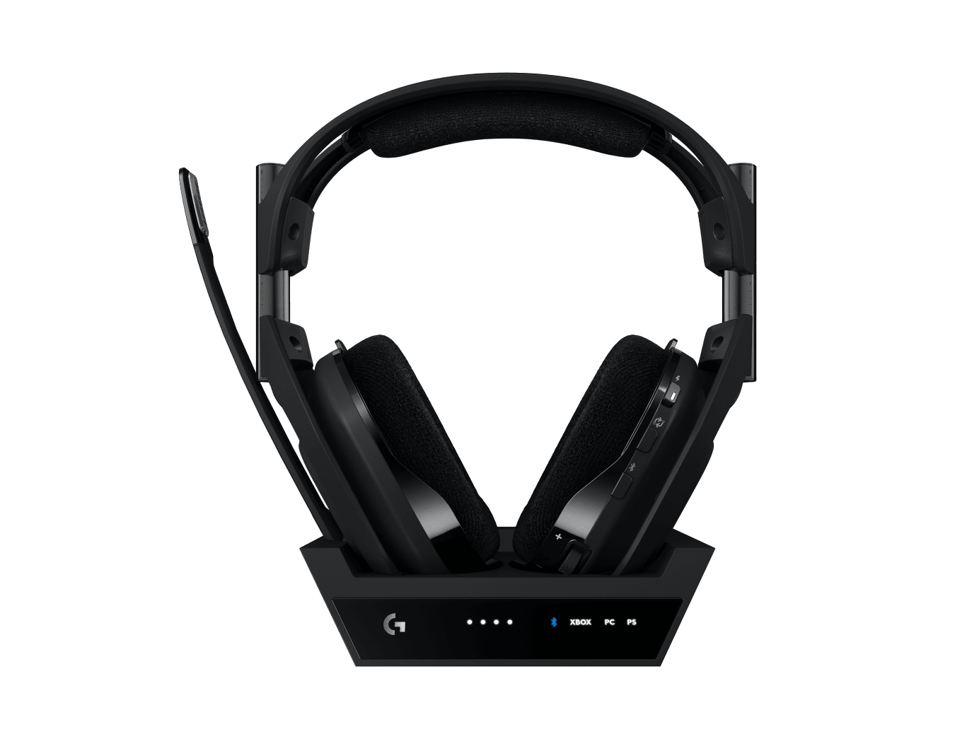 Vista limpia de los audífonos Logitech G ASTRO A50 X LIGHTSPEED negros con estación base