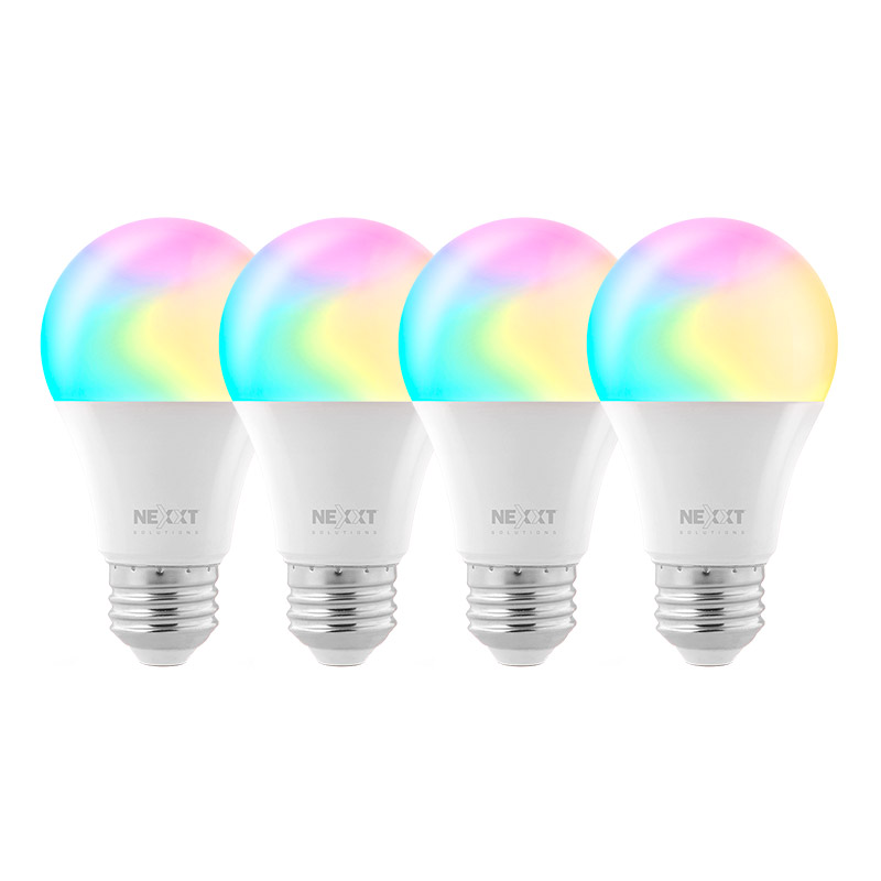 Vista limpia del paquete de cuatro bombillas LED RGB inteligentes Nexxt Home