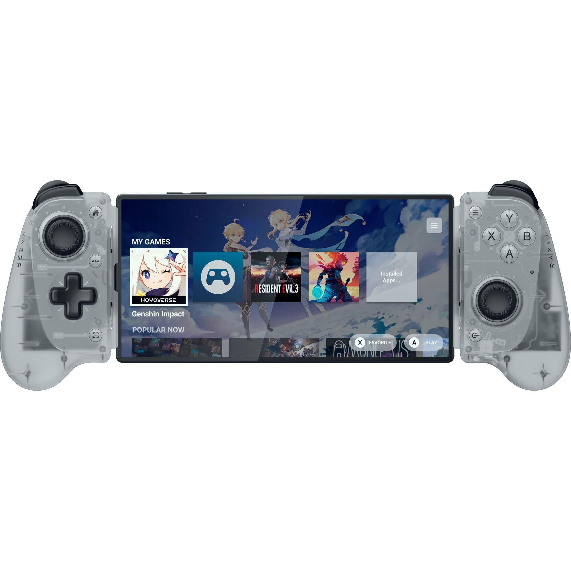 Vista frontal del control Razer Kishi V3 Phantom White Edition instalado en smartphone