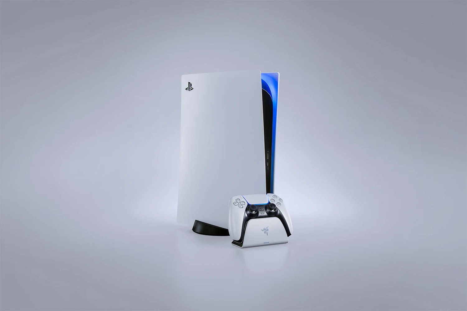 Vista oficial de la base Razer Quick Charging Stand for PS5 DualSense White