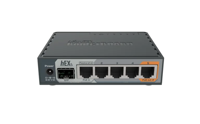 Vista frontal oficial del router MikroTik hEX S RB760iGS