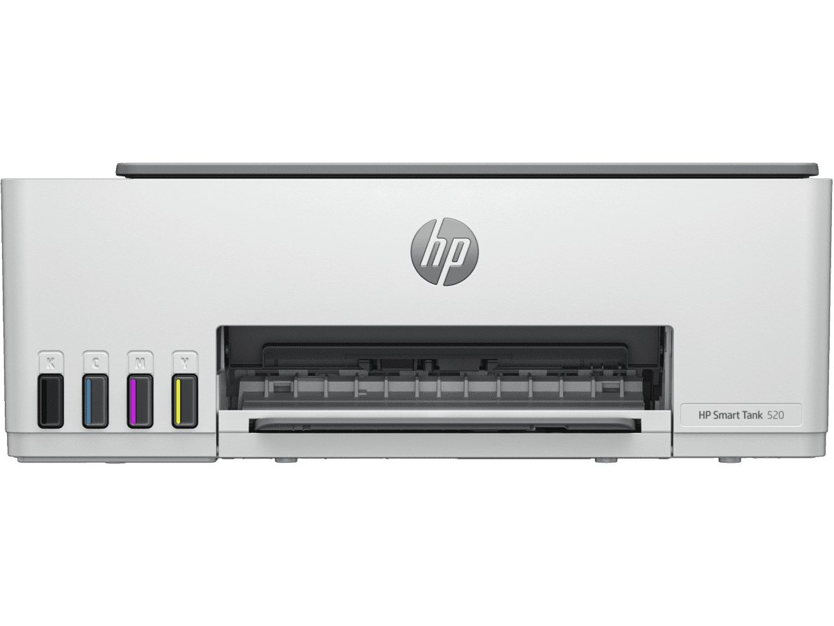 Vista frontal oficial de la impresora HP Smart Tank 520 con tanques de tinta visibles