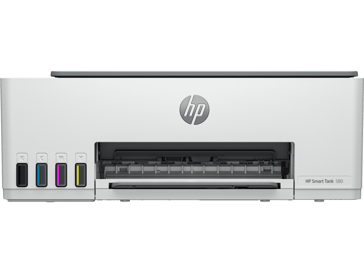 Vista frontal oficial de la impresora HP Smart Tank 580 con tanques de tinta visibles