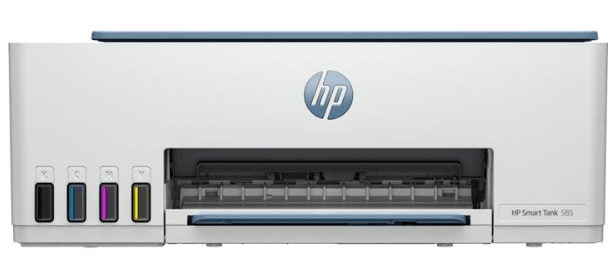 Vista frontal oficial de la impresora HP Smart Tank 585 con tanques de tinta visibles