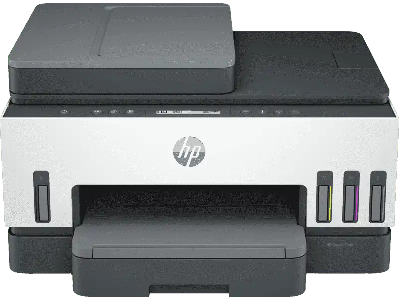 Vista frontal oficial de la impresora HP Smart Tank 750 con alimentador automático de documentos