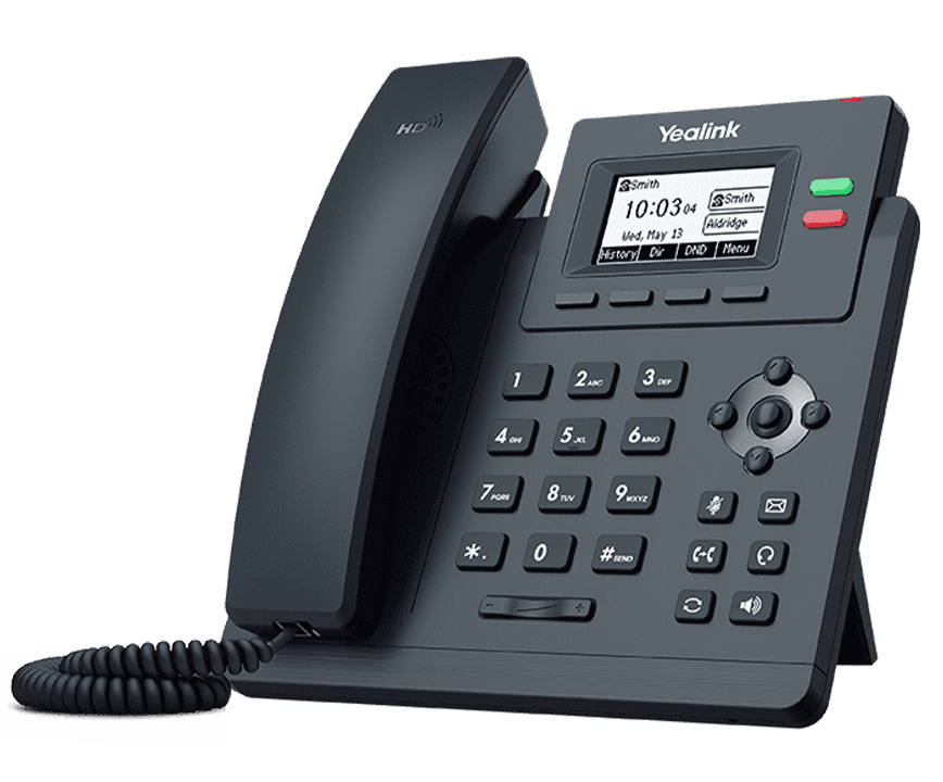 Teléfono IP Yealink SIP-T31G en vista frontal y lateral oficial