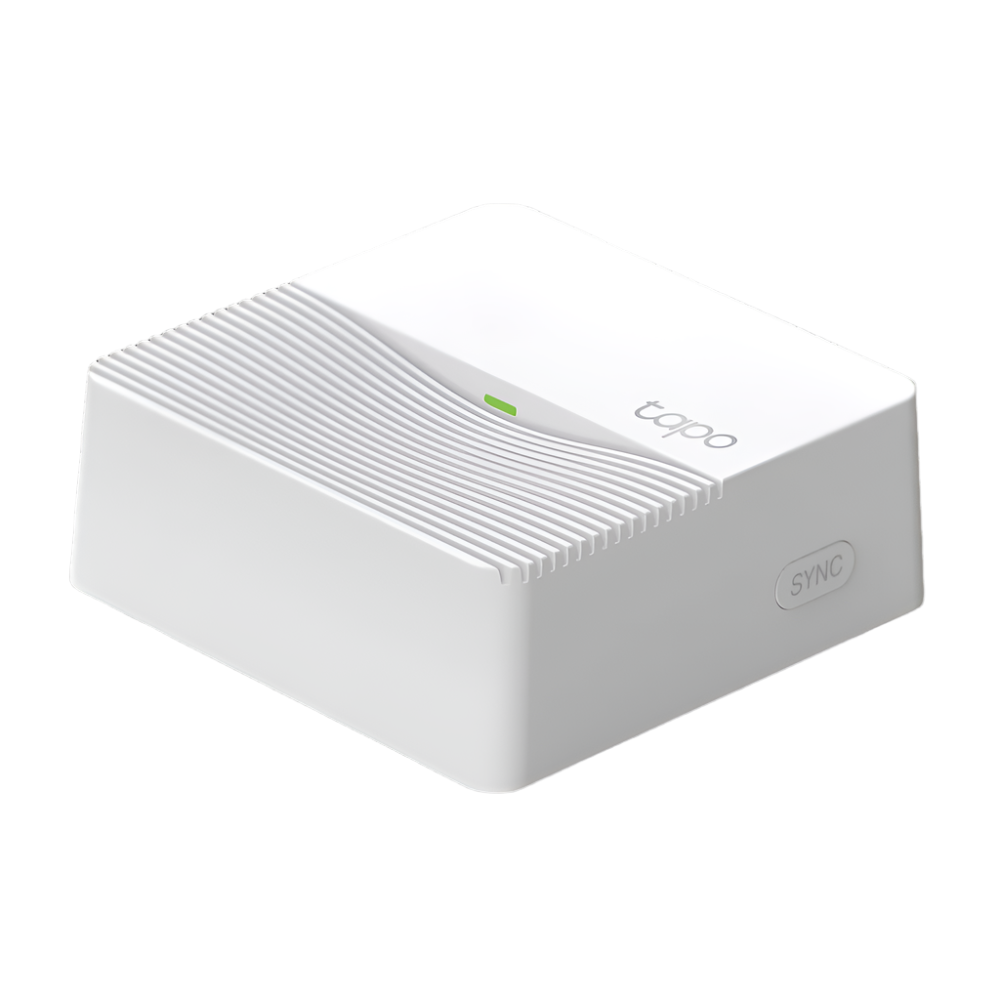 Vista angular limpia del TP-Link Tapo H200 Smart Hub sobre fondo blanco