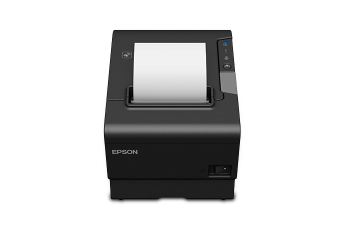 Vista frontal oficial negra de la impresora térmica Epson OmniLink TM-T88VII C31CJ57052 con rollo de papel