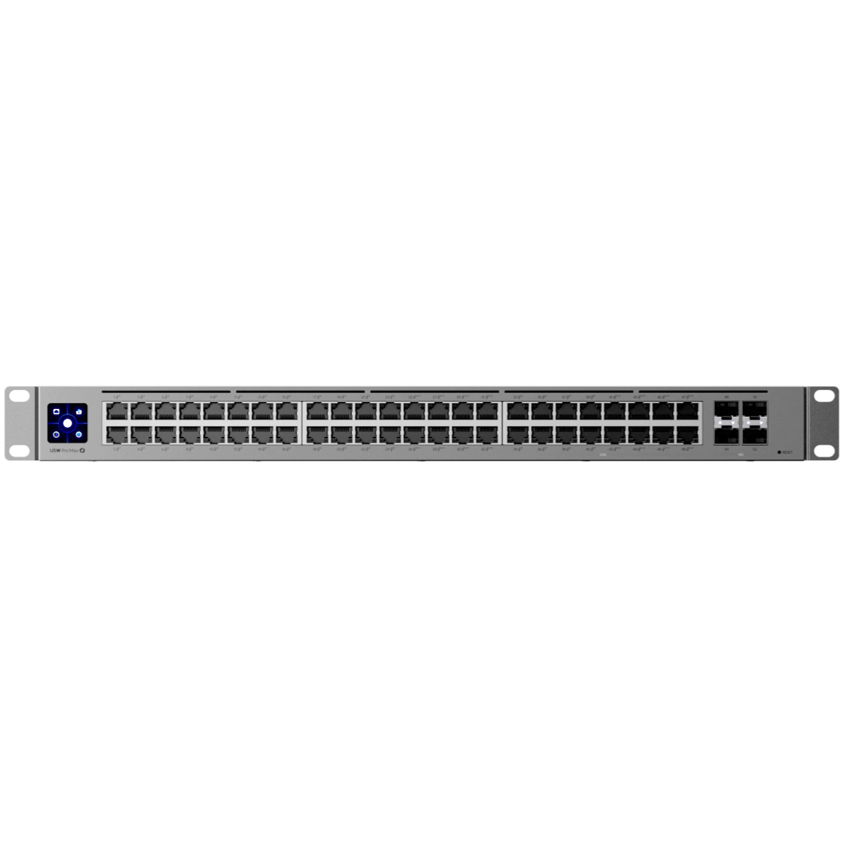 Vista frontal limpia del Ubiquiti Switch Pro Max 48 PoE USW-Pro-Max-48-PoE