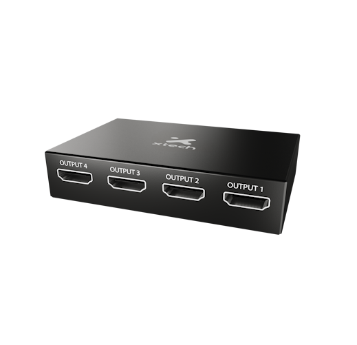 Vista oficial del multiplicador HDMI Xtech XHA-420 de cuatro puertos