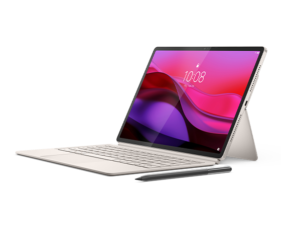 Vista frontal angular oficial de familia de Lenovo Yoga Tab Plus con teclado y lápiz